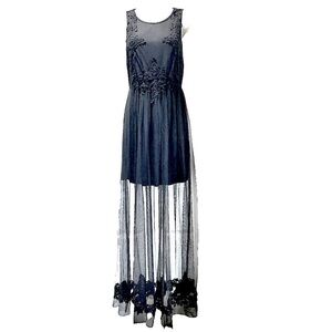 F21 Sleeveless Mesh & Lace Embroidered Illusion High Low Maxi Dress Black Small